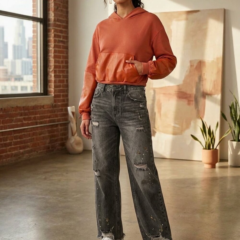 Noli Women’s Hoodie Faux Leather Trim Rust Cropped Sz Medium Grunge Streetwear